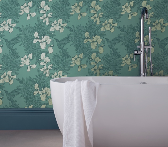 Tapet, Hummingbird, Seafoam Teal Luxury Bird, 1838 Wallcoverings, 5.3mp / rola