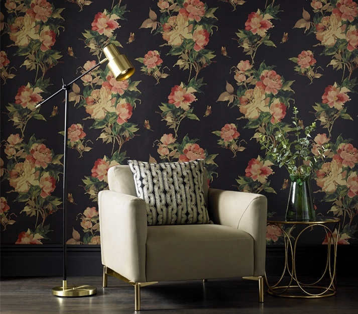 Tapet, Madama Butterfly, Ebony Black Luxury Floral, 1838 Wallcoverings, 5.3mp / rola