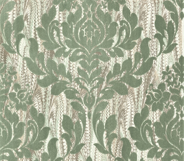 Faversham, Seafoam Green Luxury Flock, 1838 Wallcoverings, 5.3mp / rola