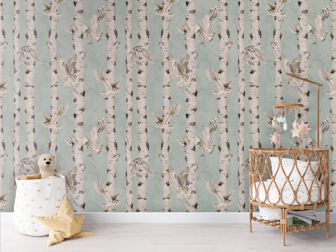 Fototapet Birch and Owls - Blue, Kikki Belle - 4