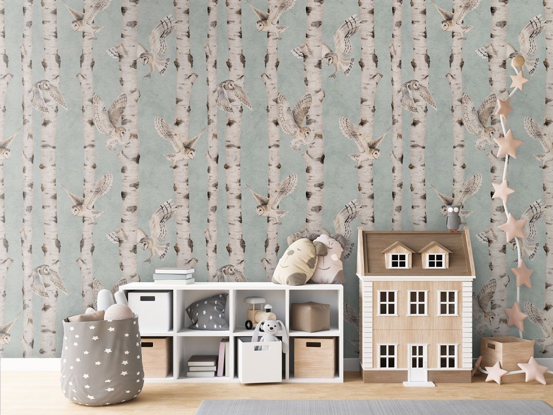 Fototapet Birch and Owls - Blue, Kikki Belle - 5