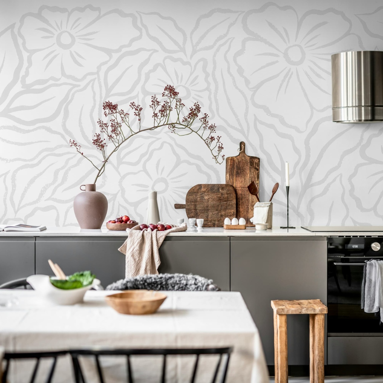 Fototapet, Ink Flowers, White, Rebel Walls