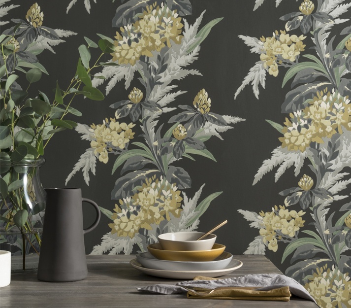 Tapet, Aurora, Jet Black Luxury Floral, 1838 Wallcoverings, 5.3mp / rola