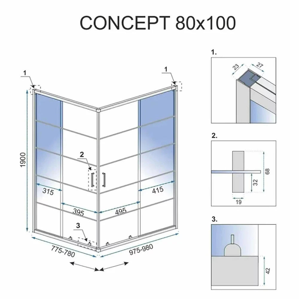Cabina de dus dreptunghiulara Rea Concept cu usi glisante 80x100 negru mat - 3 | YEO