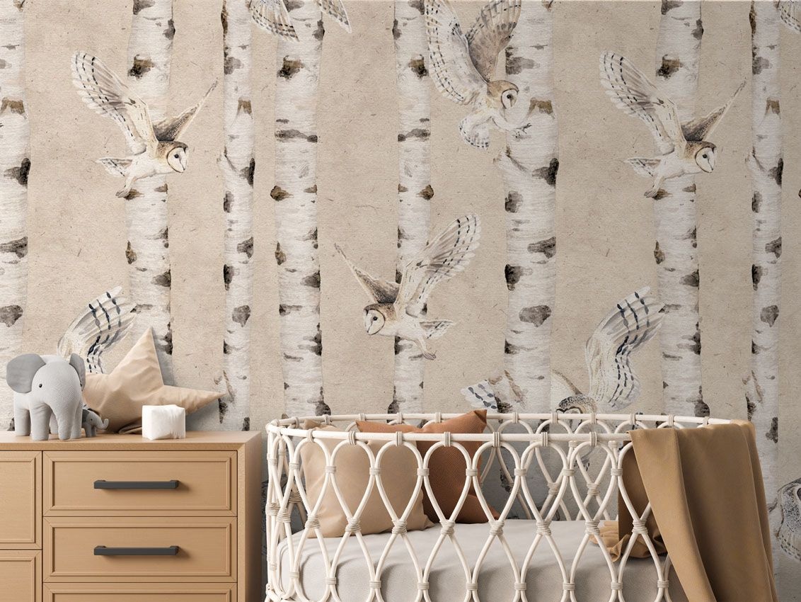 Fototapet Birch and Owls - Beige, Kikki Belle