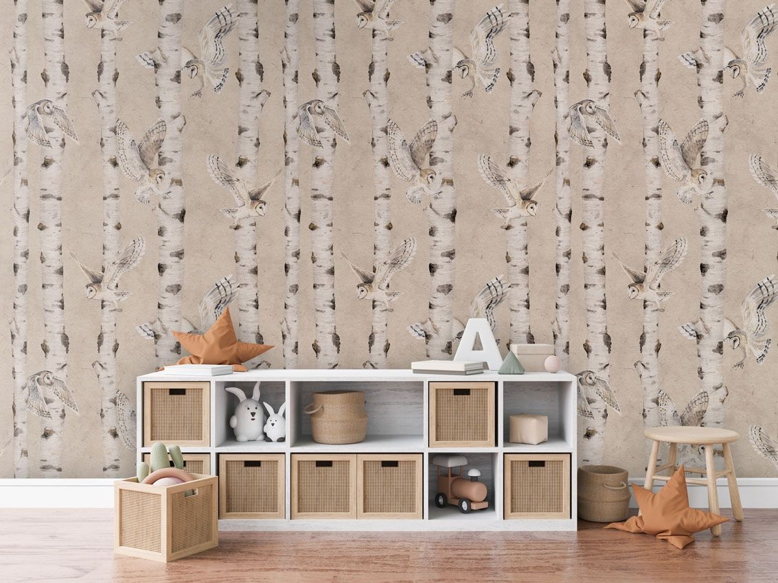 Fototapet Birch and Owls - Beige, Kikki Belle - 4