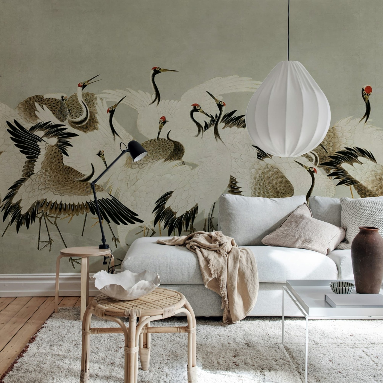 Fototapet, Dancing Cranes, Beige, Rebel Walls