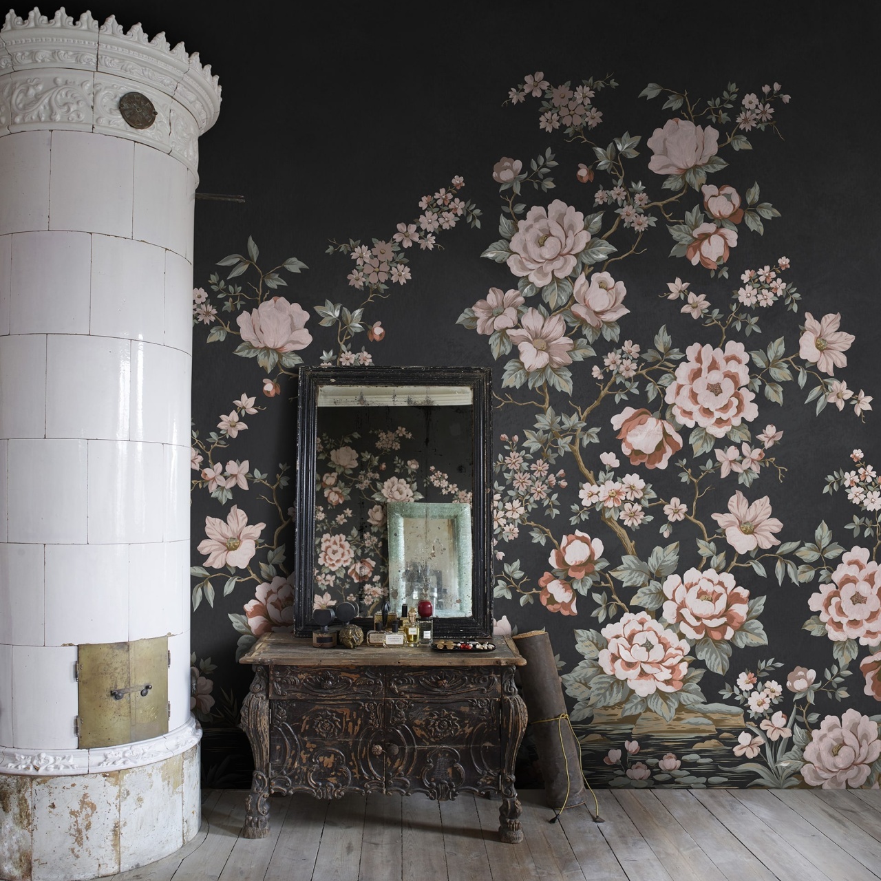 Fototapet, Floral Chinoiserie, Black, Rebel Walls