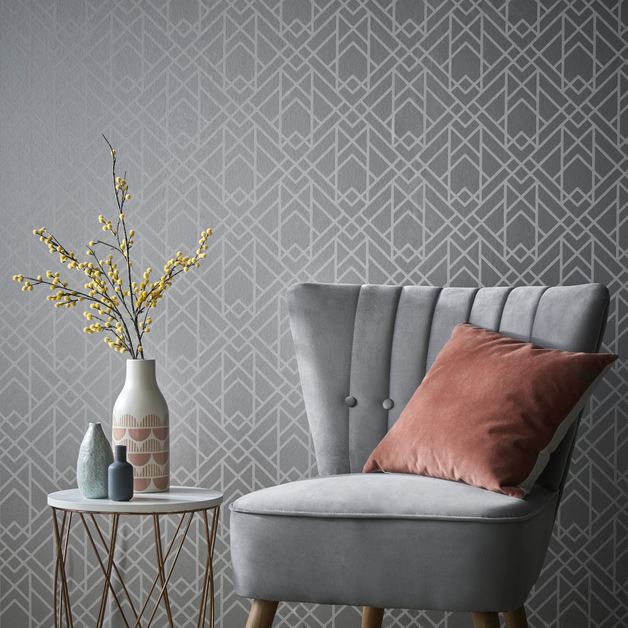 Tapet, Metro, Soft Grey Silver Luxury Geometric, 1838 Wallcoverings, 5.3mp / rola