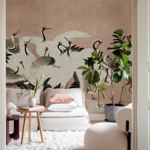 Fototapet, Dancing Cranes, Dusty Pink, Rebel Walls