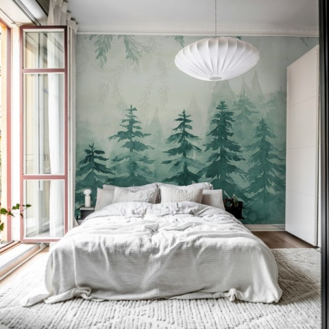 Fototapet, Watercolor Forest, Blue, Rebel Walls
