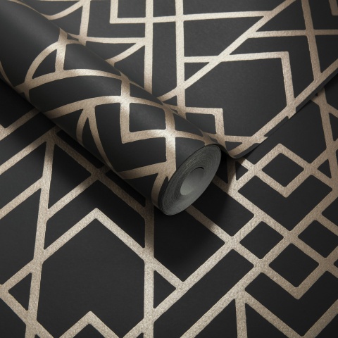Tapet, Metro, Jet Black and Gold Luxury Geometric, 1838 Wallcoverings, 5.3mp / rola - Img 2