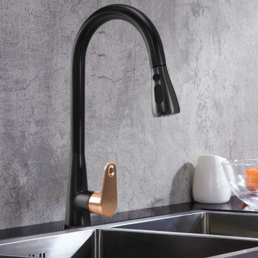 Baterie bucatarie cu dus extractibil Rea Mild negru mat - Rose Gold - Img 7