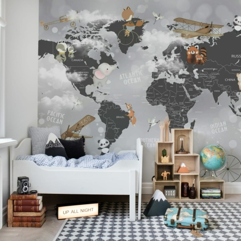 Fototapet, Animal World Map, Gray, Rebel Walls