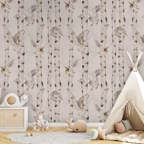 Fototapet Birch and Owls - White, Kikki Belle - Img 5