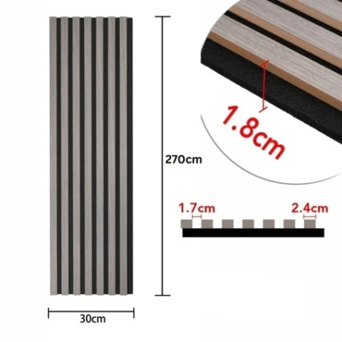 Panou riflaj acustic decorativ, MDF si pasla, AC3, 270x30x1.8cm, Gri - Img 6