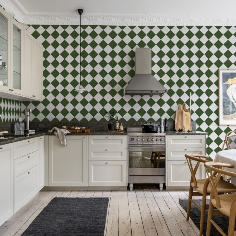 Tapet Checkered Tiles, Green & White, Rebel Walls, 5 mp / rola