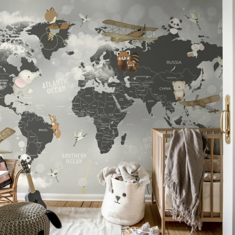 Fototapet, Animal World Map, Gray, Rebel Walls - Img 3