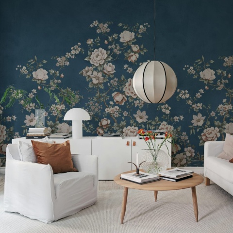 Fototapet, Floral Chinoiserie, Dark Blue, Rebel Walls