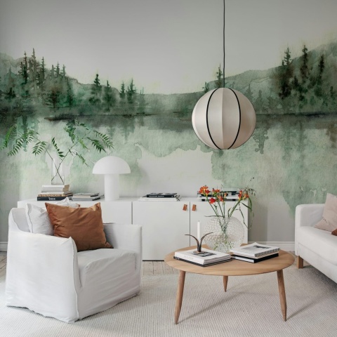 Fototapet, Watercolor Landscape, Forest Green, Rebel Walls