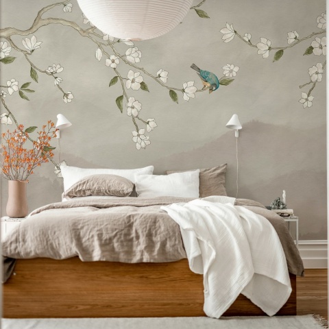 Fototapet, Bird in Tree, Pink, Rebel Walls