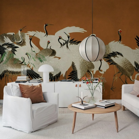 Fototapet, Dancing Cranes, Orange, Rebel Walls