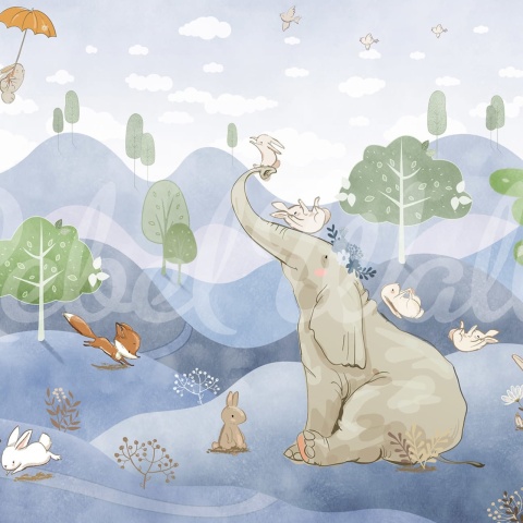 Fototapet, Elephant and Friends, Blue, Rebel Walls - Img 2
