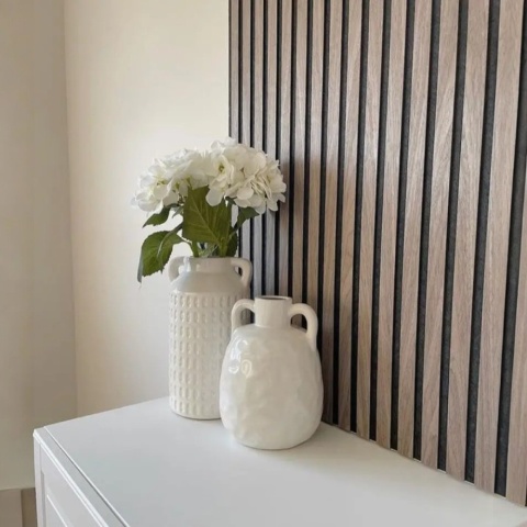 Panou riflaj acustic decorativ, MDF si pasla, AC13, 240x60x2.1cm, Stejar - Img 9