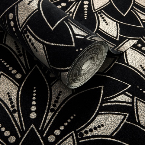 Tapet, Astoria, Jet Black Luxury Flock, 1838 Wallcoverings, 5.3mp / rola - Img 2