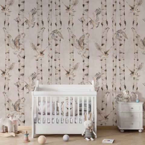Fototapet Birch and Owls - White, Kikki Belle - Img 3