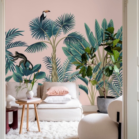 Fototapet, Tropical Birds, Pink, Rebel Walls
