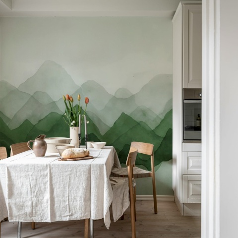 Fototapet, Watercolor Mountain, Green, Rebel Walls