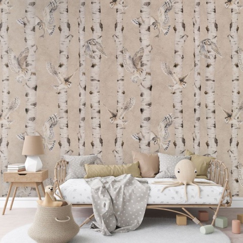 Fototapet Birch and Owls - Beige, Kikki Belle - Img 5
