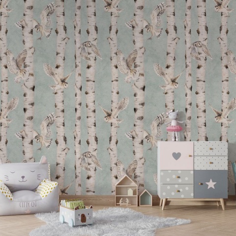 Fototapet Birch and Owls - Blue, Kikki Belle - Img 3