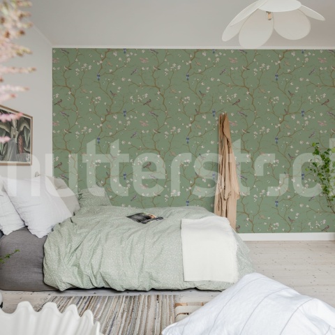Fototapet, Bird Chinoiserie, Green, Rebel Walls