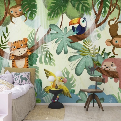 Fototapet, Jungle Buddies, Green, Rebel Walls