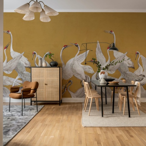 Fototapet, Soaring Cranes, Yellow, Rebel Walls