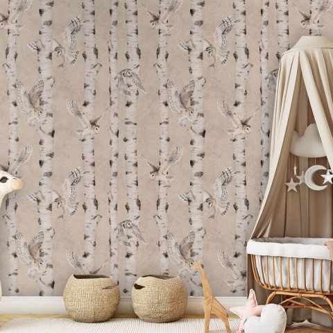 Fototapet Birch and Owls - Beige, Kikki Belle - Img 3