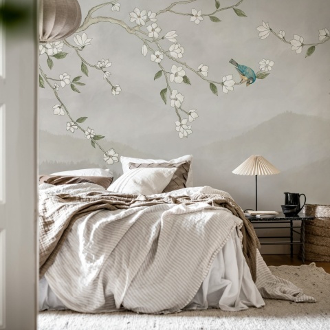 Fototapet, Bird in Tree, White, Rebel Walls