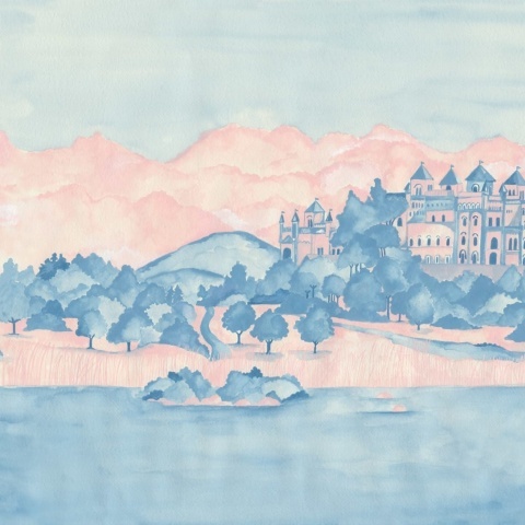 Fototapet, Castle by the Lake, Pink &amp; Blue, Rebel Walls - Img 2