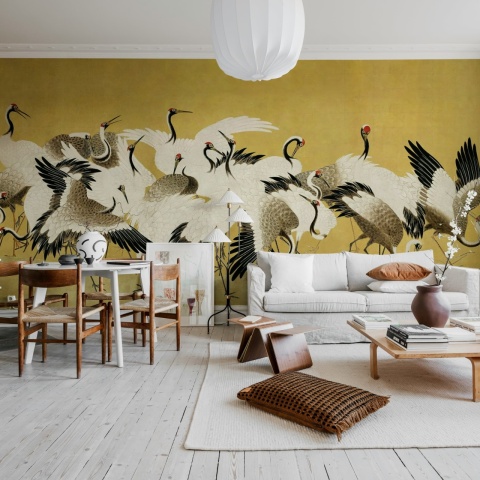 Fototapet, Dancing Cranes, Yellow, Rebel Walls