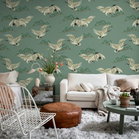Fototapet, Flying Cranes, Green, Rebel Walls - Img 3