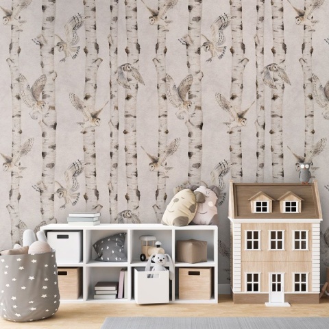Fototapet Birch and Owls - White, Kikki Belle - Img 4