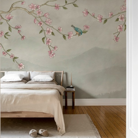 Fototapet, Bird in Tree, Beige, Rebel Walls