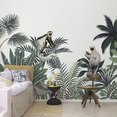Fototapet, Jungle Monkeys, White, Rebel Walls