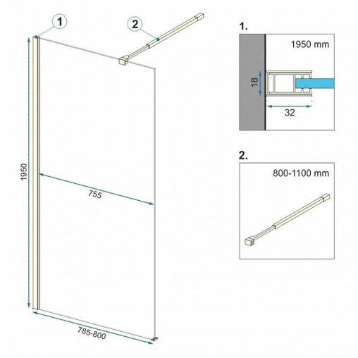 Paravan de dus tip Walk-in Rea Aero N 80x195 cm profil auriu