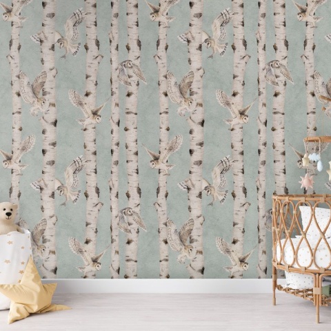 Fototapet Birch and Owls - Blue, Kikki Belle - Img 4