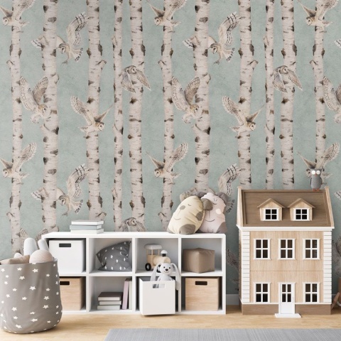 Fototapet Birch and Owls - Blue, Kikki Belle - Img 5