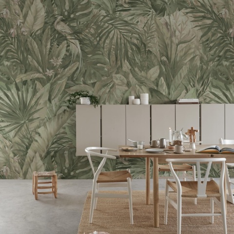 Fototapet, Birds in the Jungle, Light Green, Rebel Walls