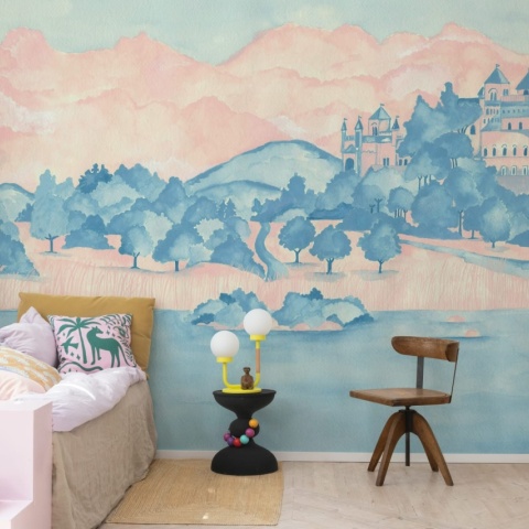 Fototapet, Castle by the Lake, Pink & Blue, Rebel Walls